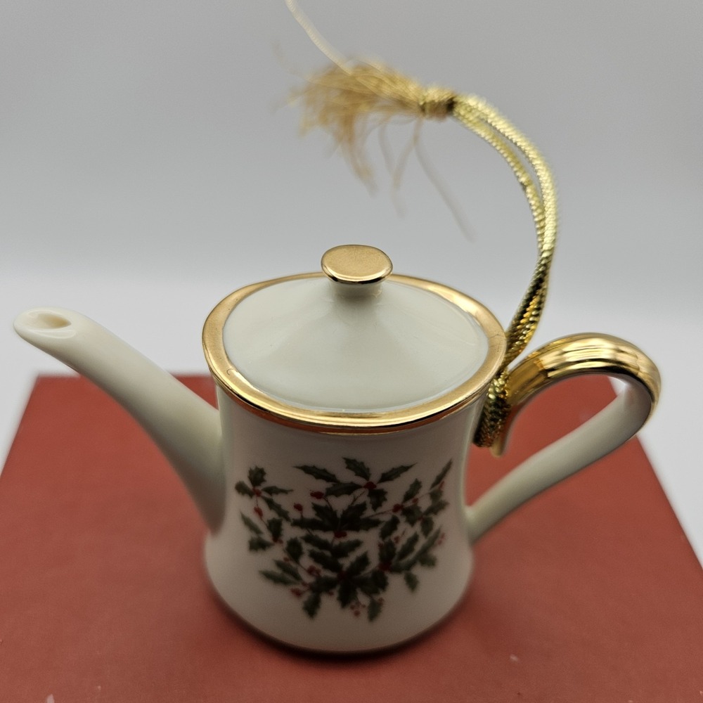 Lenox Christmas Teapot Hanging Ornament White Gold Holly - Thailand - Picture 3 of 7